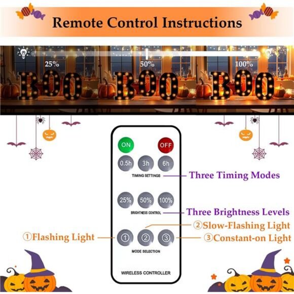 Halloween Decorations – Boo Light Up Letters with Remote | Timer, Dimmable - Picture 5 of 7